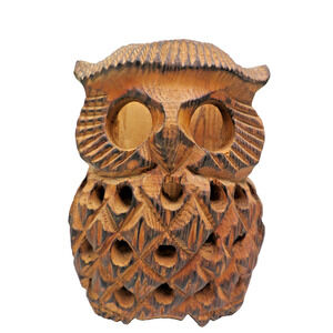 Vintage Hand Carved Wooden Owl Votive Candle Holder 5” Wood Folk Art Figurine